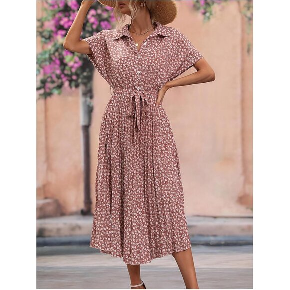 Women's Floral Print Long Dress Polyester Summer Casual A-line Short Sleeve - Picture 6 of 6